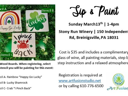 St Patty Day woodboards at StonyRun Winery Sunday March 13th 1-4pm